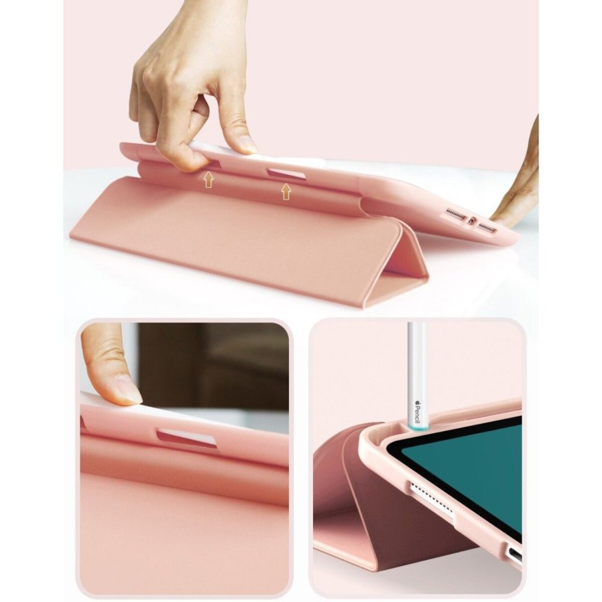 Eine Hand befestigt einen Stift an einem rosafarbenen Tablet-Ständer mit drei Einzeltellern.