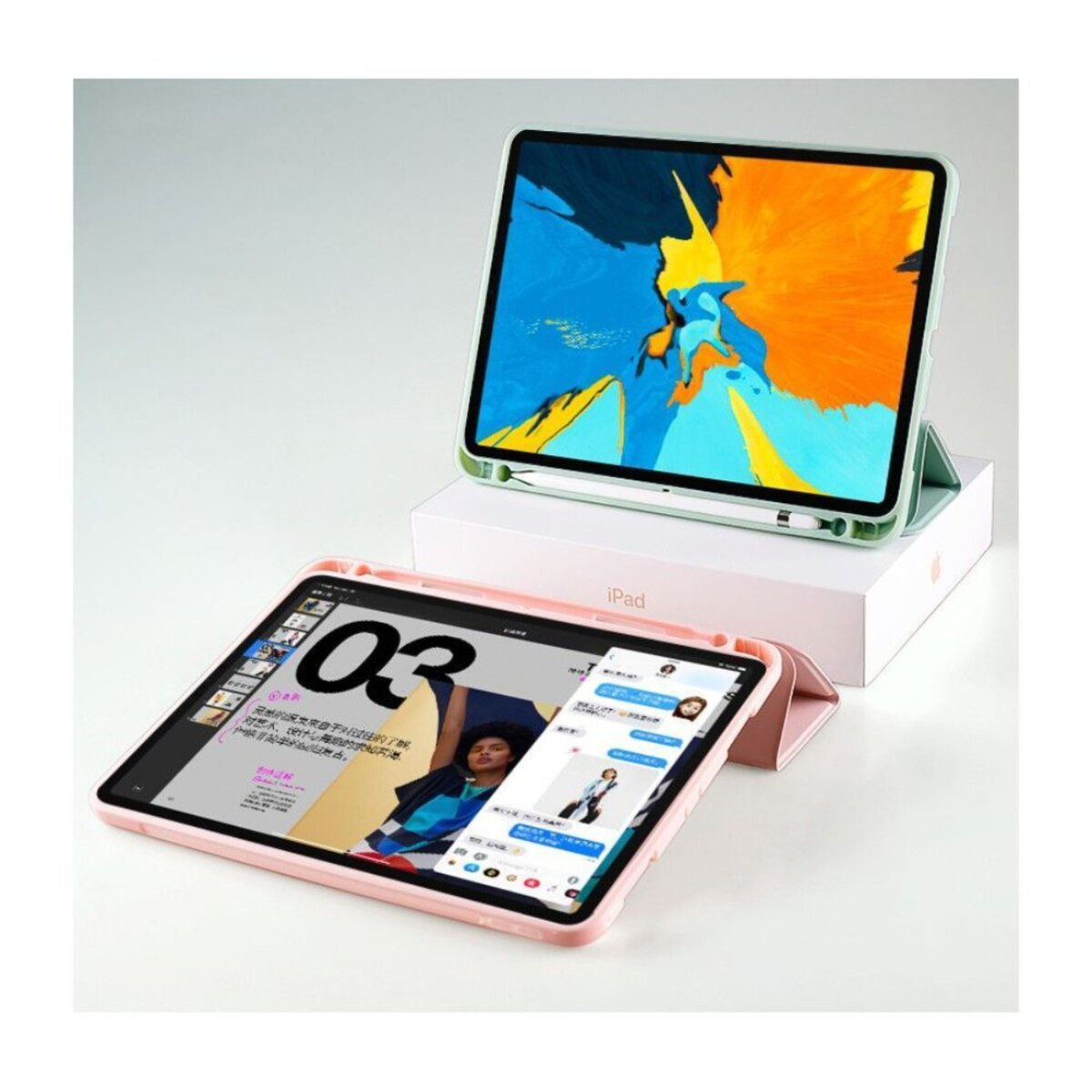 Zwei iPads in Schutzhüllen, eines geöffnet, das andere auf einer Box.