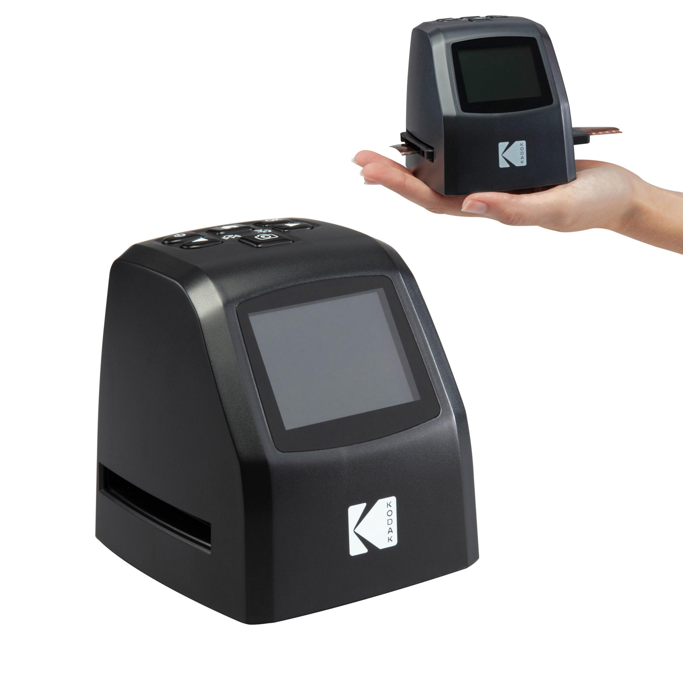 Schwarzer Kodak-Scanner mit Bildschirm und Tasten. Eine Hand hält einen kleineren Scanner.