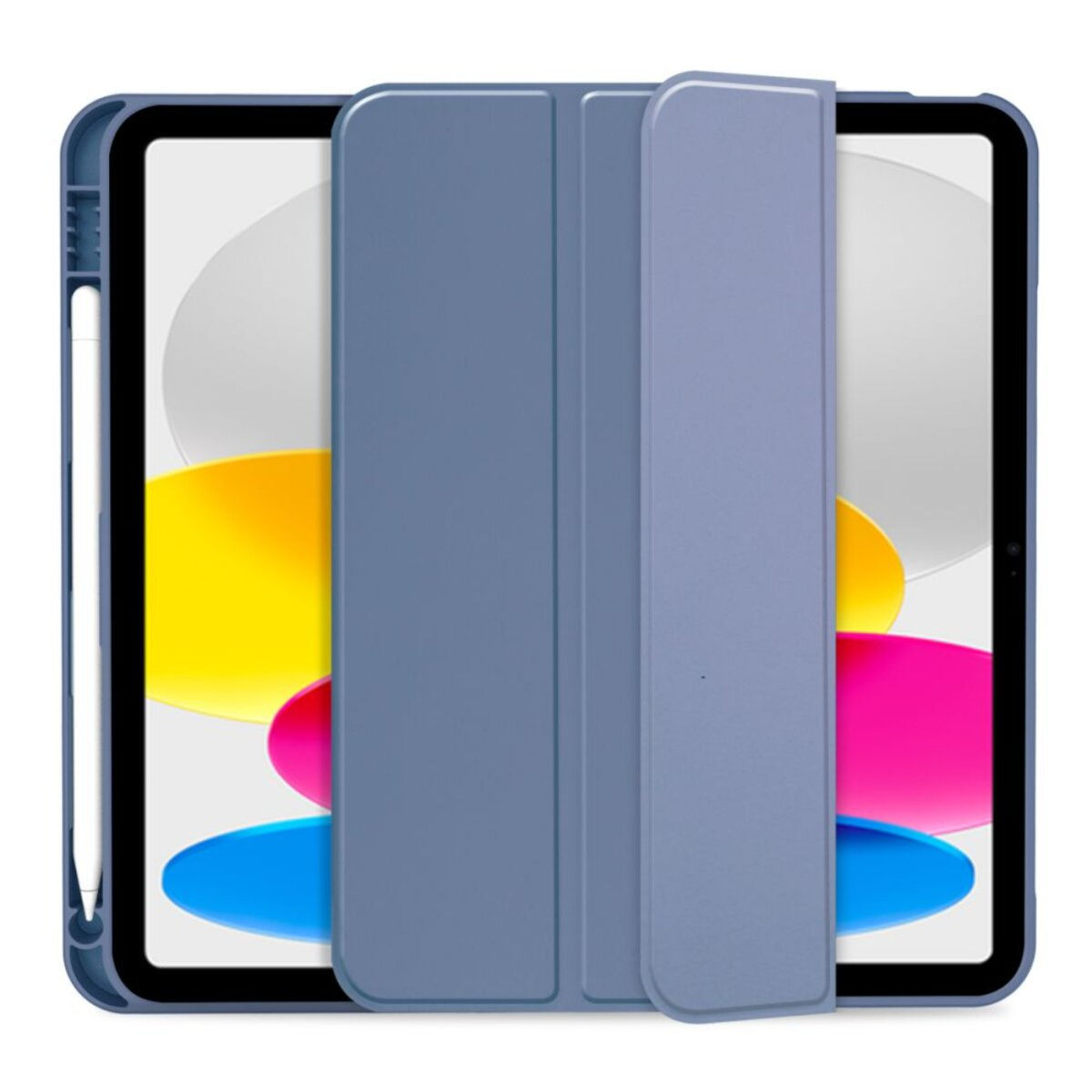 Ein blauer Tablet-Ständer mit einem weißen Stift auf der linken Seite.
