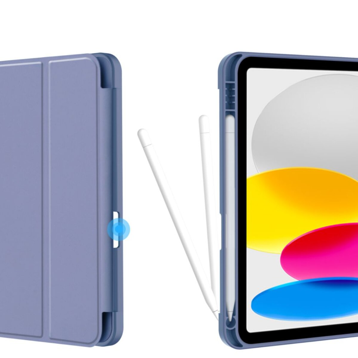 Lila Tablet Hülle mit Stifthalter und Stift, gezeigt auf weißem Hintergrund.