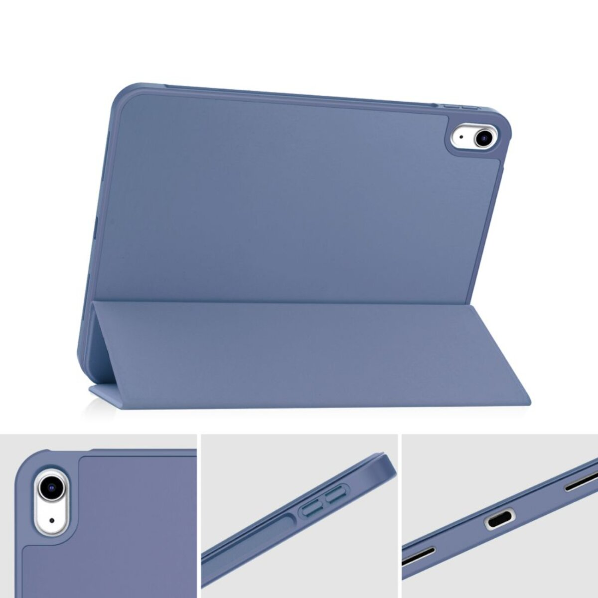 Blaues Tablet mit Hülle, aufgestellt wie ein Ständer. Nahaufnahmen zeigen Details.
