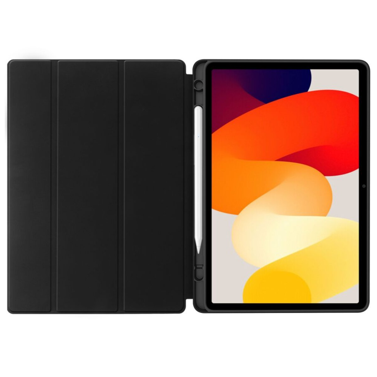 Schwarze Tablet-Hülle mit Stifthalter neben einem Tablet mit bunten Hintergrundbild.