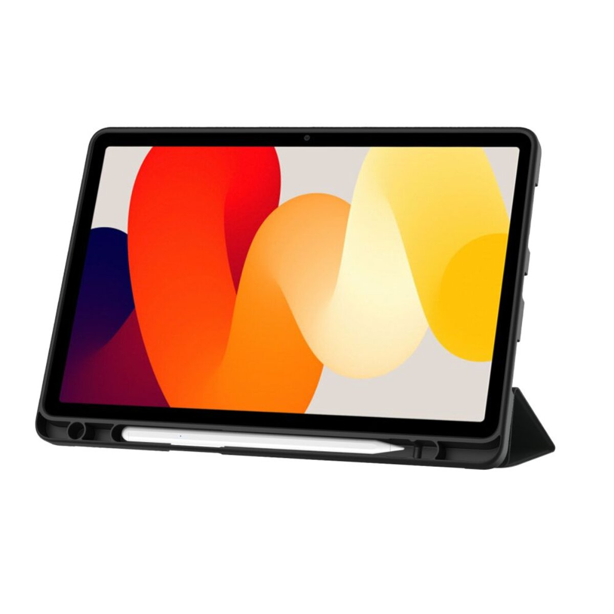 Schwarzes Tablet in Hülle mit weißem Stylus, zeigt einen farbigen abstrakten Hintergrund in Rot, Orange und Gelb.