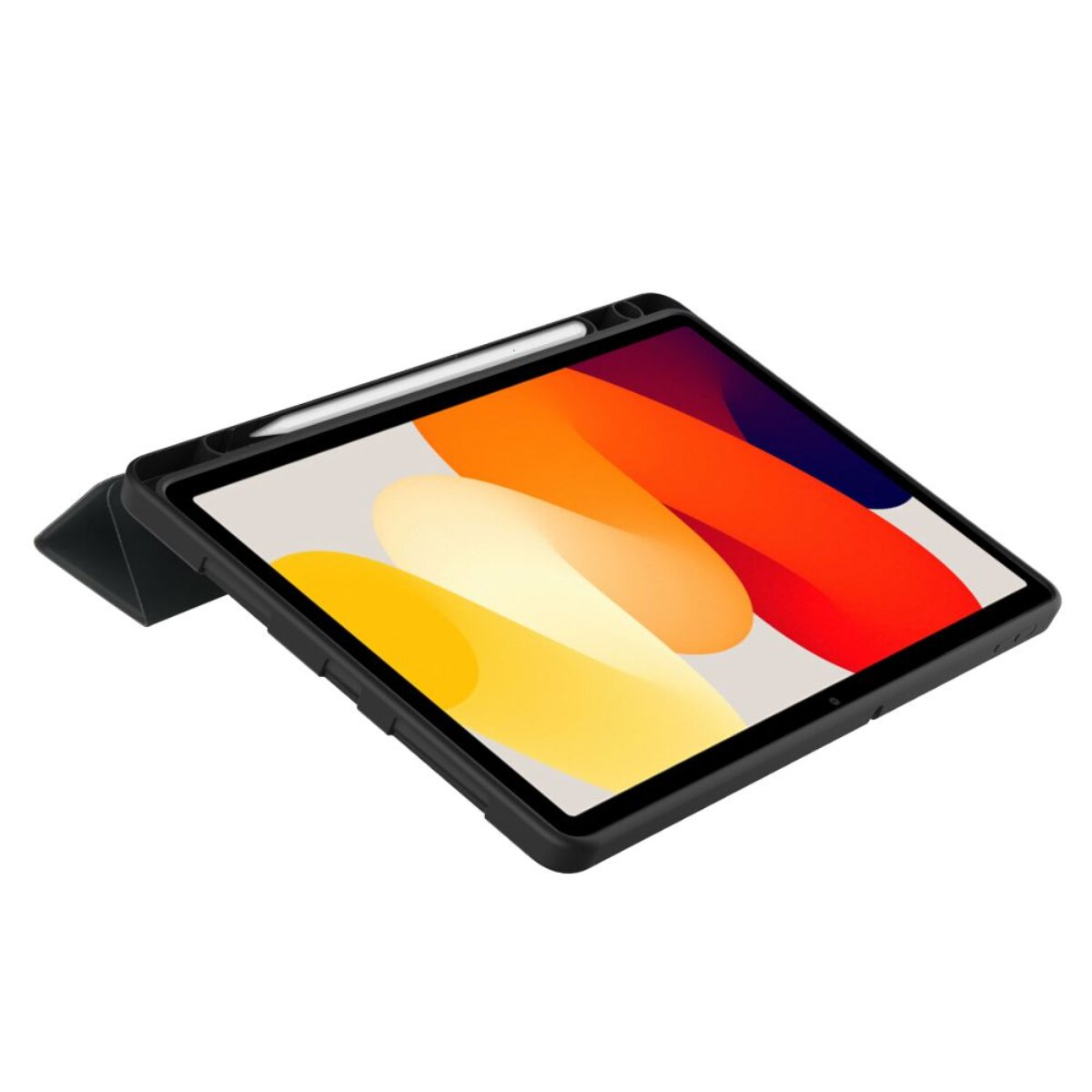 Schwarzes iPad Pro mit angebrachtem Apple Pencil, Seitenansicht mit farbenfroher abstrakter Tapete.