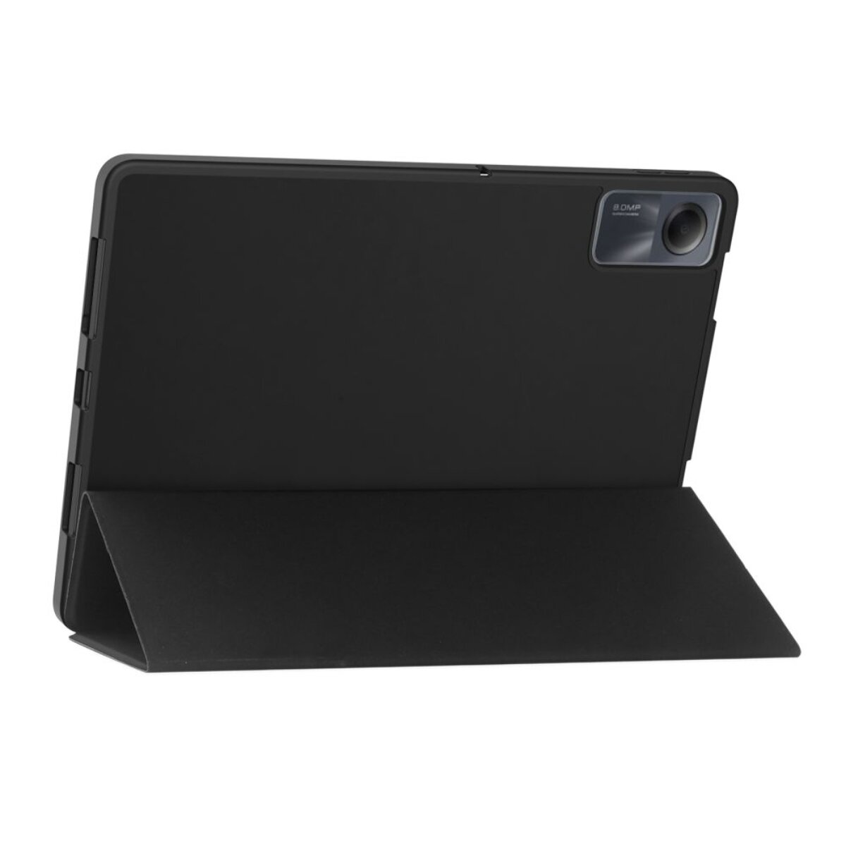 Rückseite eines schwarzen Tablet-Covers mit integriertem Ständer und 8MP-Kameramodul.