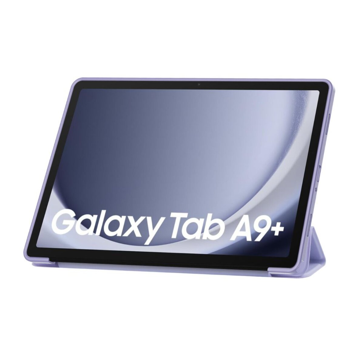 Ein lila Tablet mit dem Text „Galaxy Tab A9+“ auf dem Bildschirm.