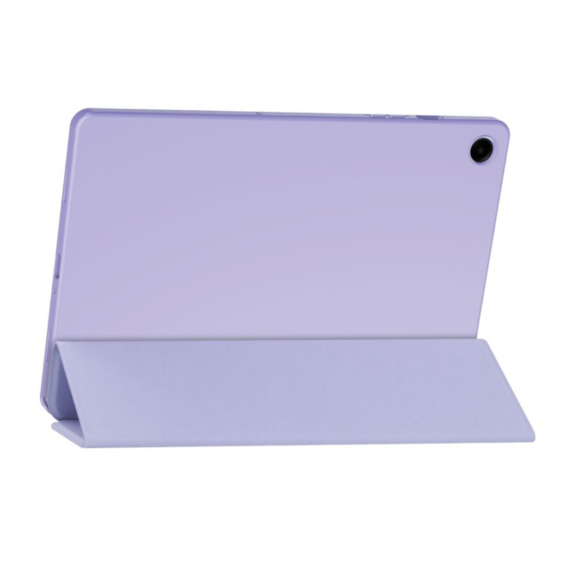 Ein lila Tablet mit einer aufgestellten Schutzhülle, die als Ständer dient.