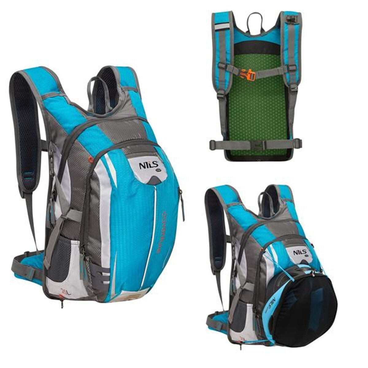 Ein blauer und grauer Rucksack mit Trägern und Reißverschlüssen.