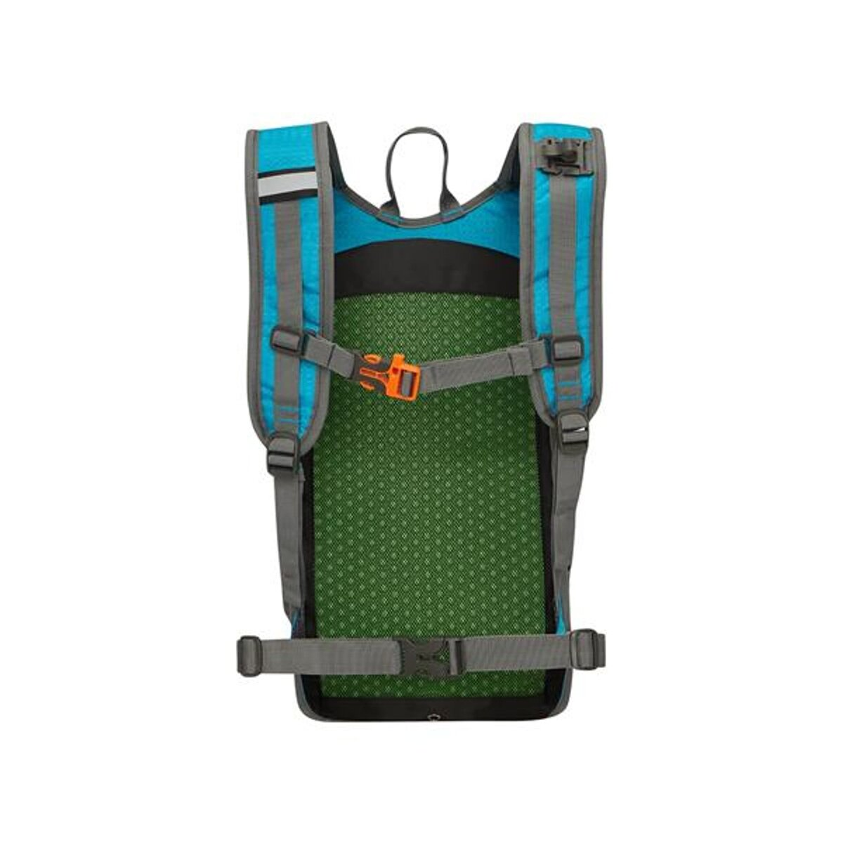 Rückansicht eines blauen Rucksacks mit gepolsterten Gurten und Belüftung.