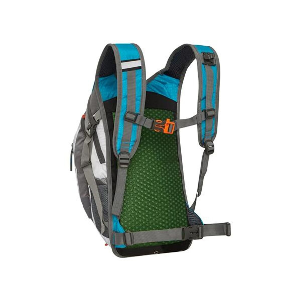 Ein grauer Rucksack mit blauen und weißen Akzenten auf weißem Hintergrund.