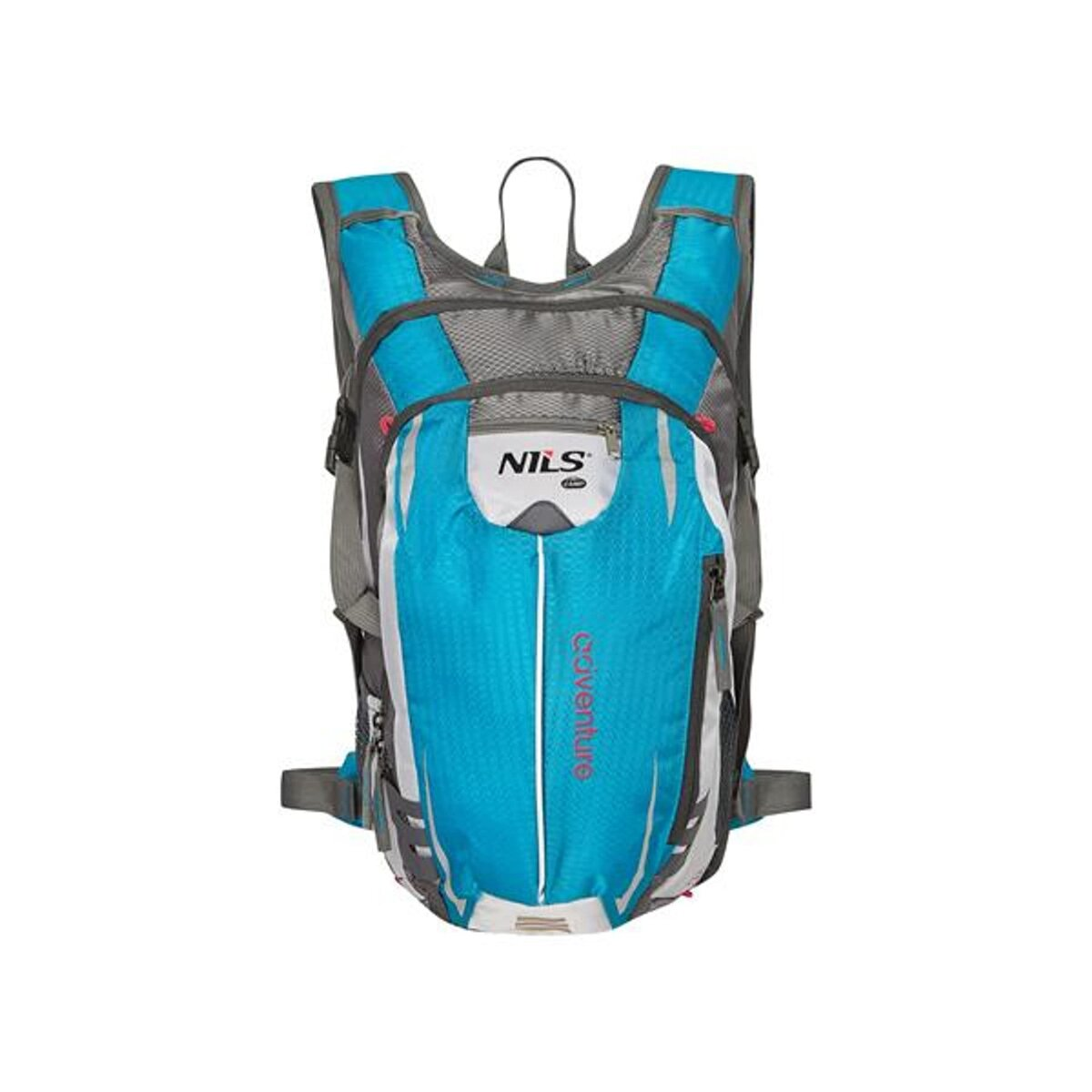 Ein blauer und grauer Rucksack mit dem NILS-Logo.