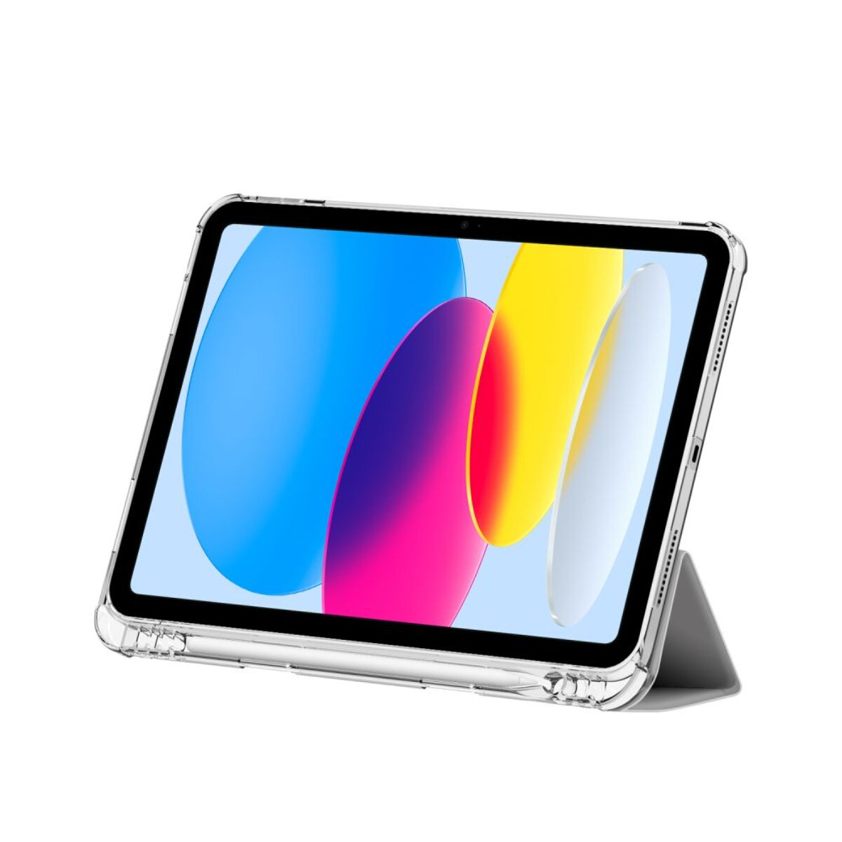 Ein transparentes Tablet im Querformat mit buntem Hintergrund.