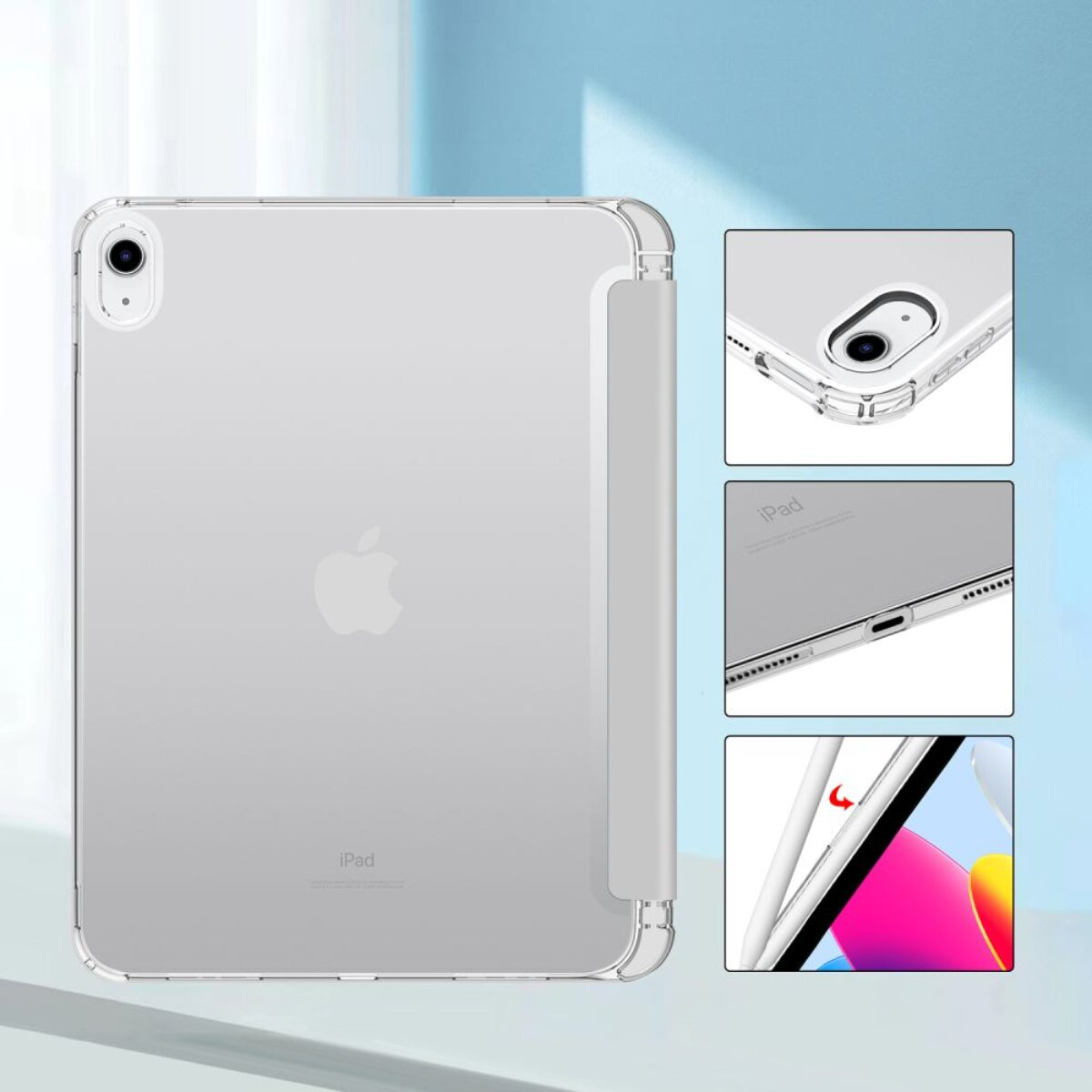 Transparente Hülle für ein iPad mit Kameraansicht und Ladeanschluss.