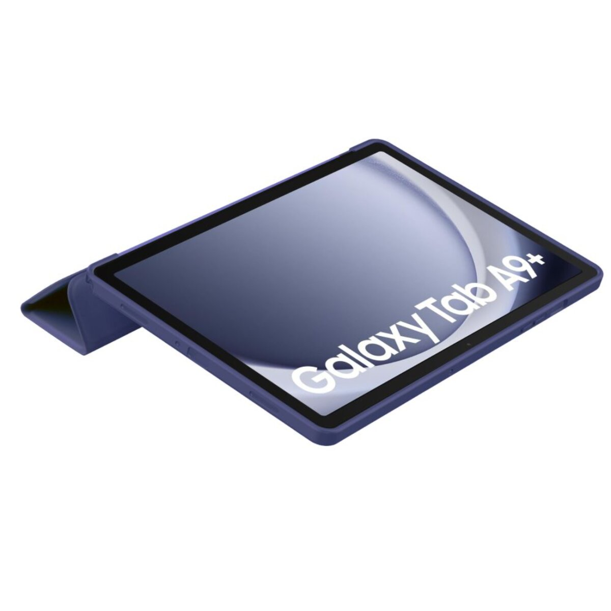 Ein dunkelblauer Tablet-Ständer mit einem Galaxy Tab A9+ auf dem Bildschirm.