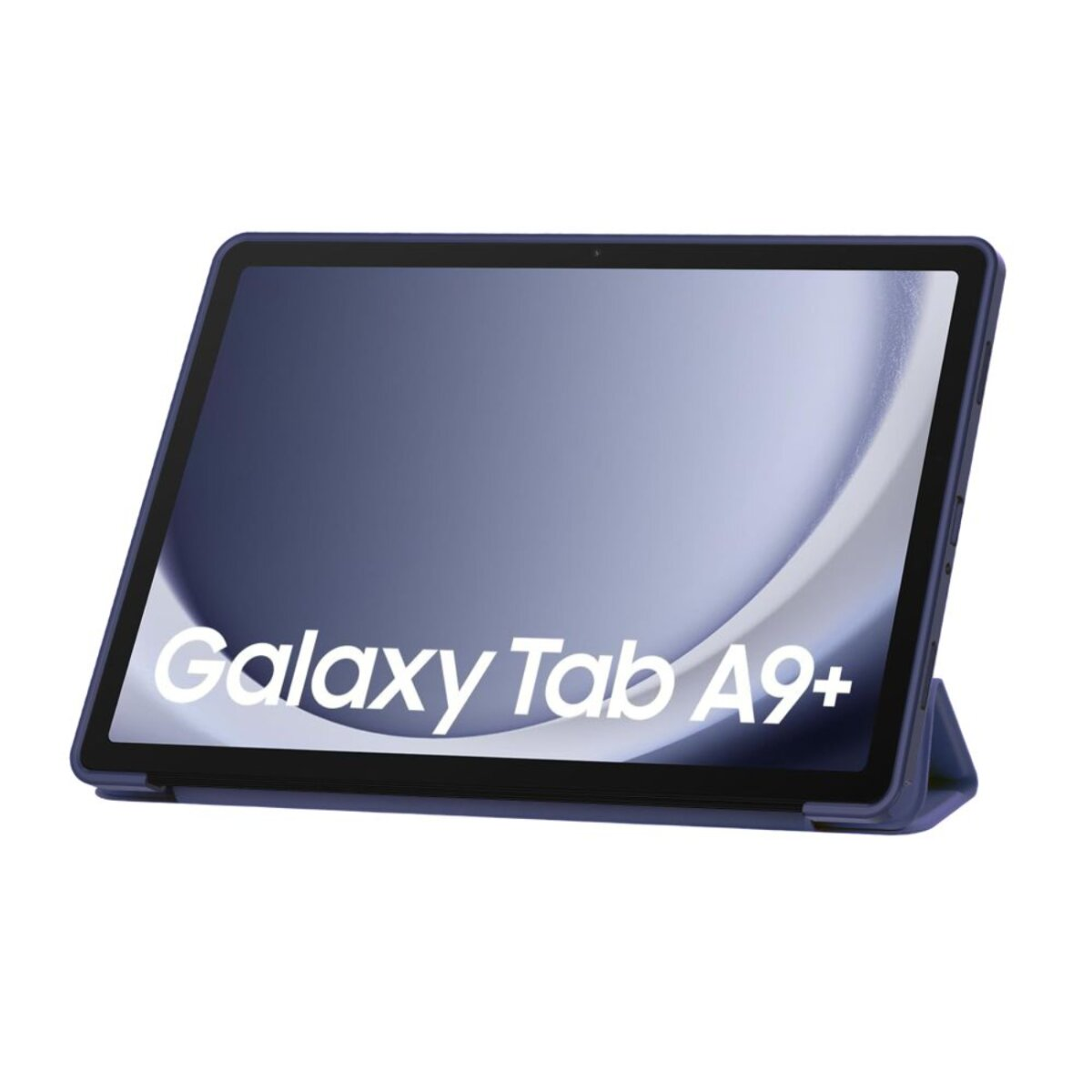 Ein blaues Tablet mit einer Ständerhülle, das 'Galaxy Tab A9+' auf dem Bildschirm anzeigt.