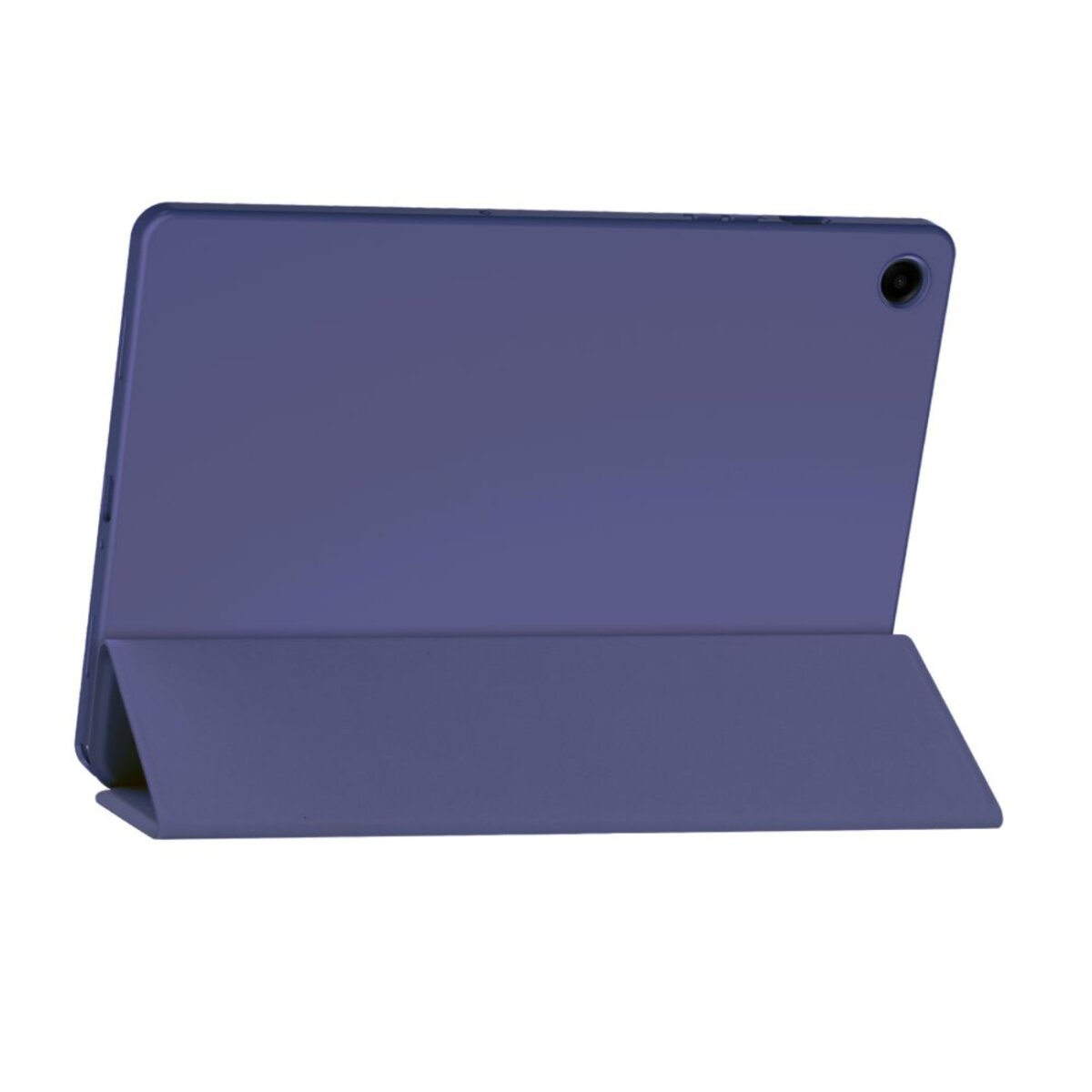 Ein lila Tablet mit einer Hülle im Ständer-Modus, auf weißem Hintergrund.