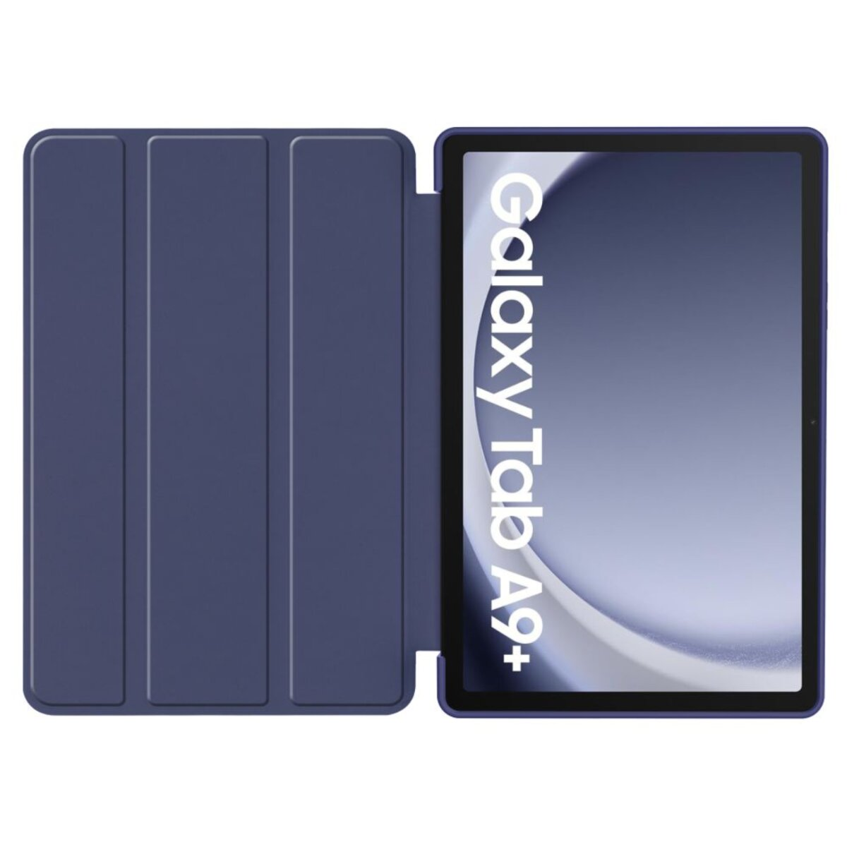 Ein blaues Tablet mit Hülle ist geöffnet. Der Bildschirm zeigt 'Galaxy Tab A9+'.