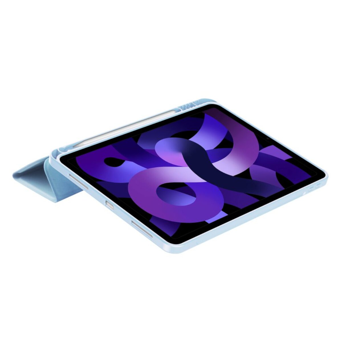 Ein hellblaues Tablet mit einem lilafarbenen Hintergrundbild und einem Stift.