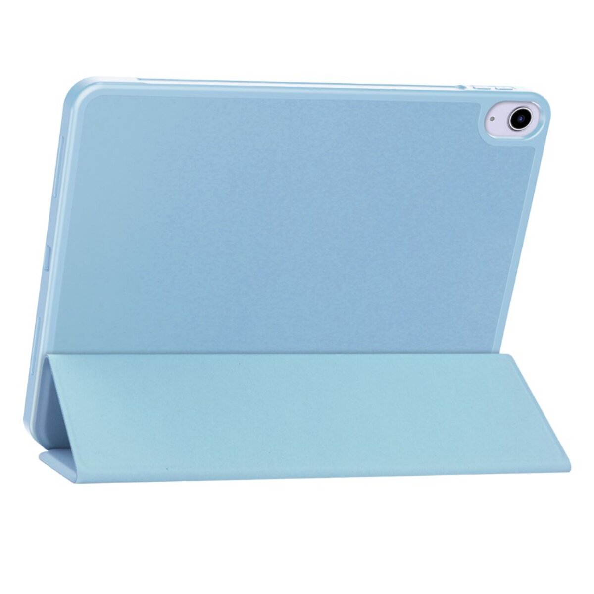 Ein hellblaues Tablet mit einer aufgestellten Hülle, die als Ständer dient.