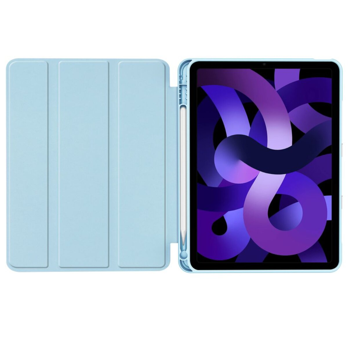 Eine hellblaue Tablet-Hülle ist neben einem Tablet geöffnet, das einen lila abstrakten Hintergrund zeigt.