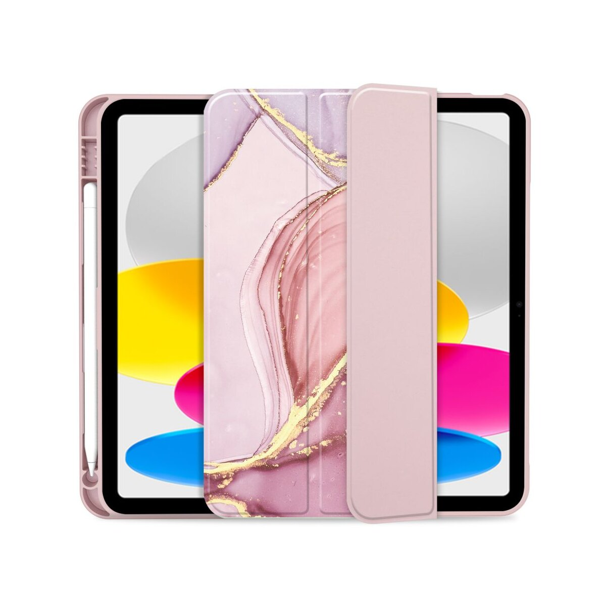 Un tablet rosa con custodia effetto marmo e accenti dorati.