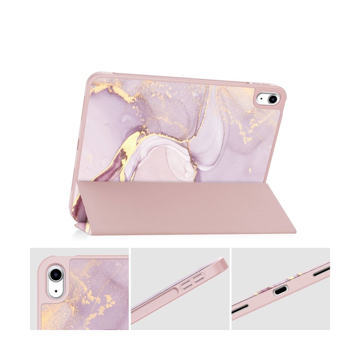 Una custodia rosa per tablet con motivo marmorizzato e oro.