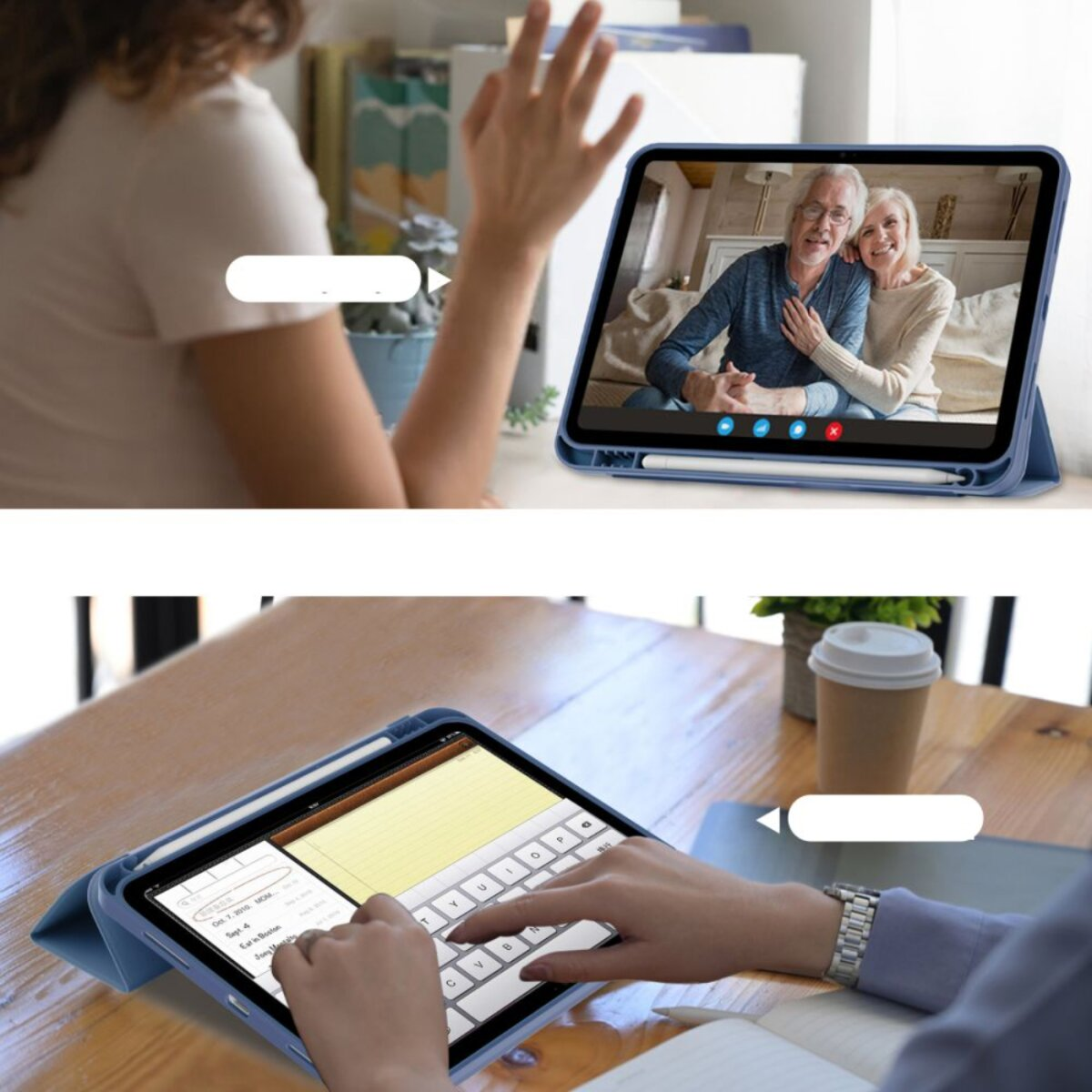 Persona in videochiamata con coppia anziana su tablet; persona digita su tablet.