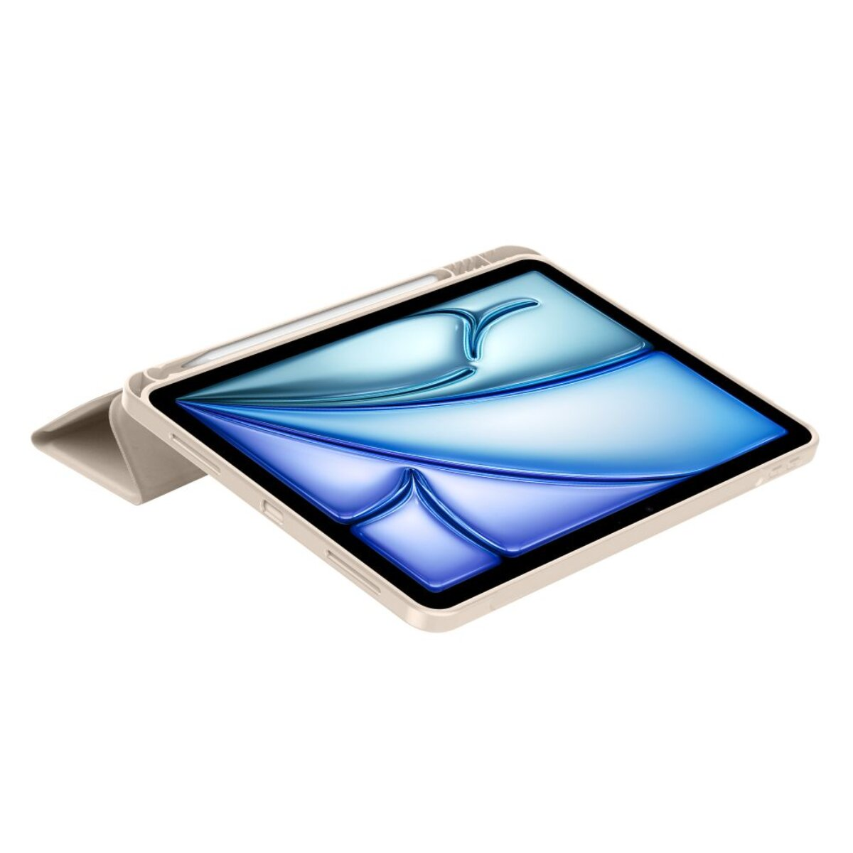 Ein hellbraunes Tablet mit einem blauen und weißen Hintergrundbild.