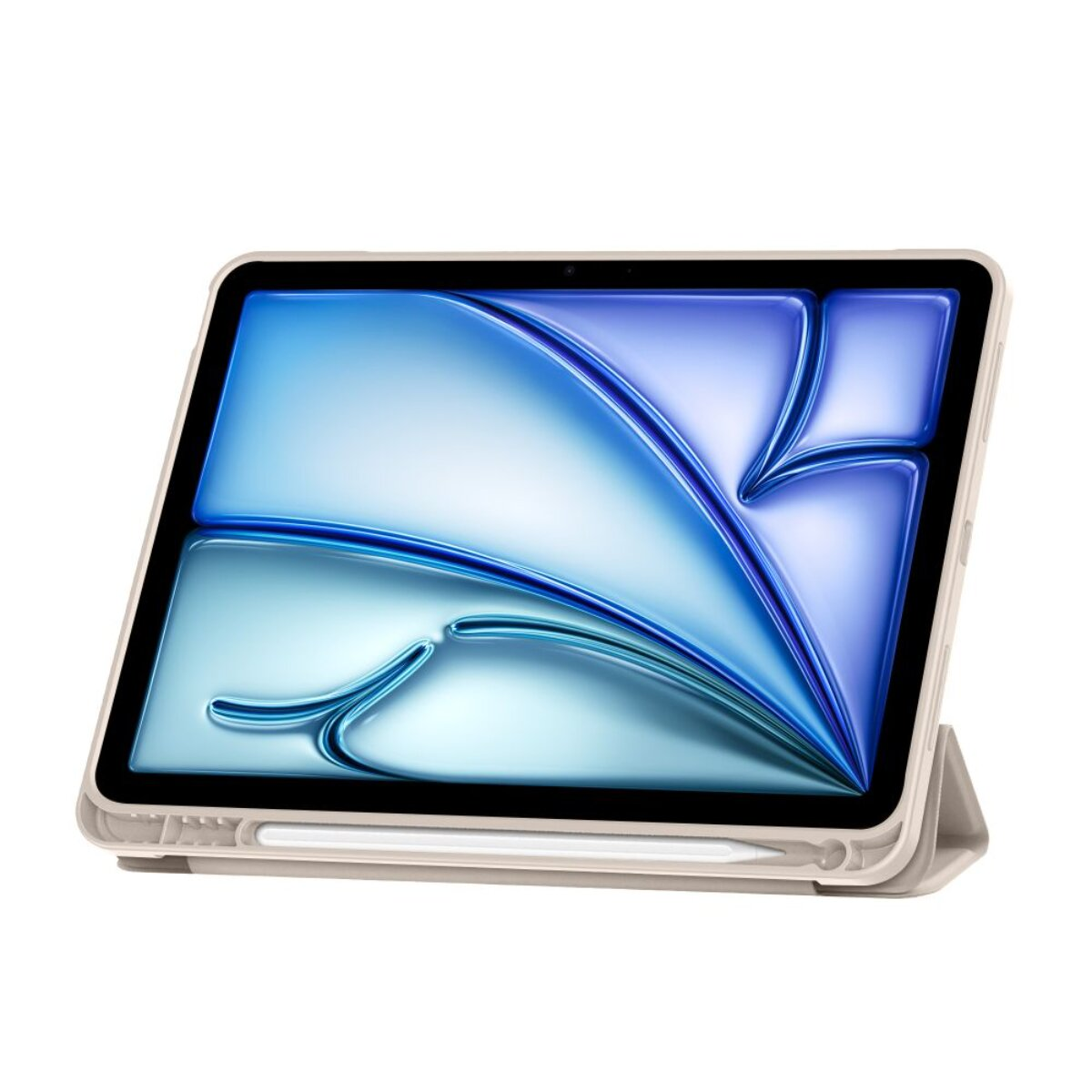 Ein Tablet mit einem hellbeigen Gehäuse und einem blauen Hintergrundbild.