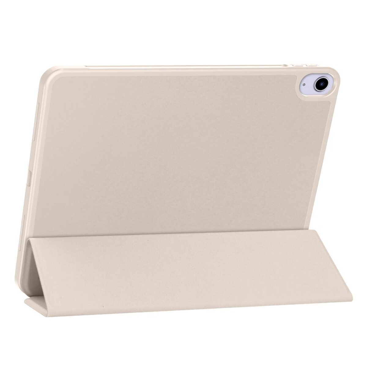 Ein hellbraunes Tablet mit einer Hülle, das auf einem weißen Hintergrund steht.