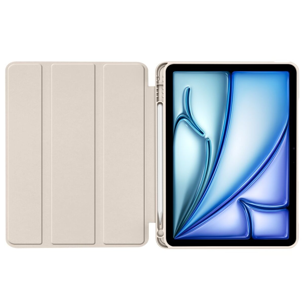 Ein hellbeiges Tablet mit offenem Klappdeckel daneben.