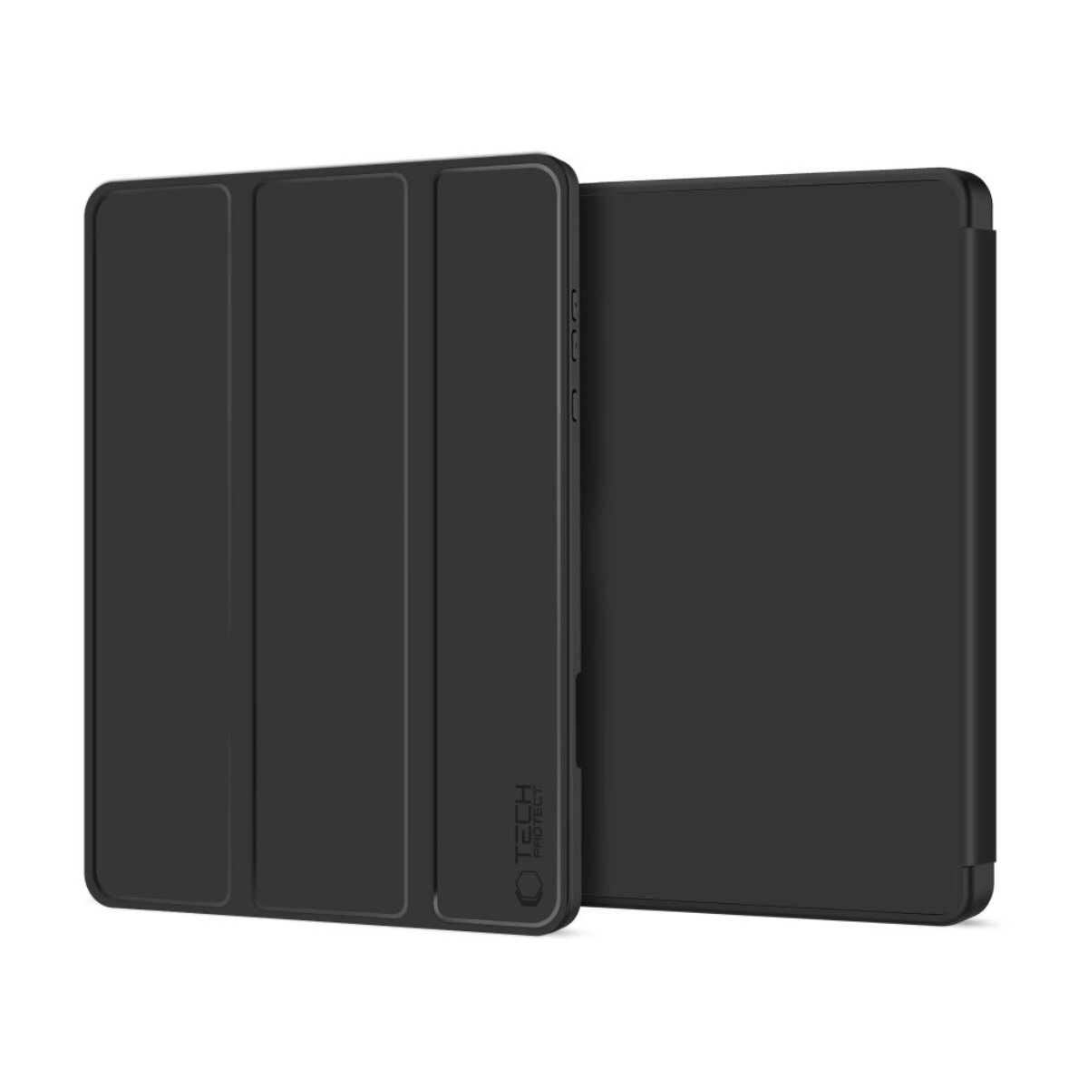 Schwarze Tablet-Hülle mit drei Faltklappen und Logo auf weißem Hintergrund.