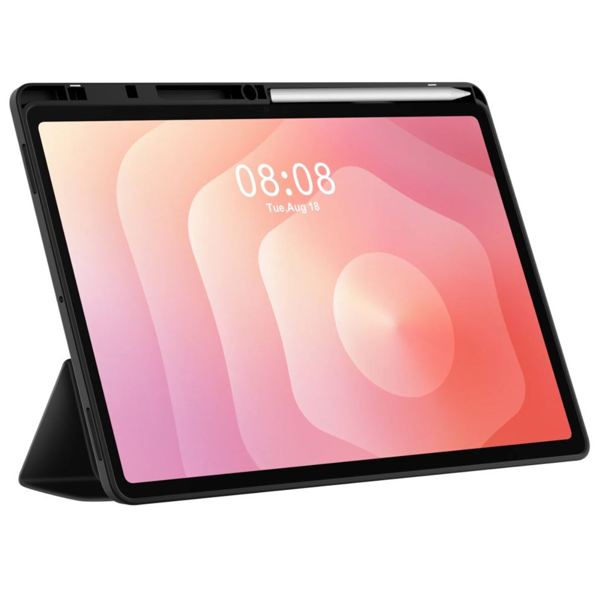 Ein schwarzes Tablet mit Stift, das auf dem Startbildschirm 08:08 anzeigt.