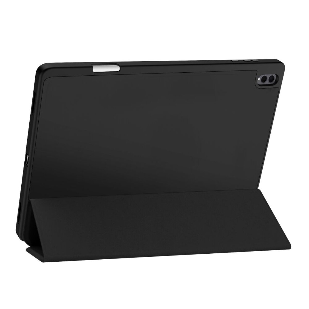 Ein schwarzes Tablet mit einer Hülle, die als Ständer dient.