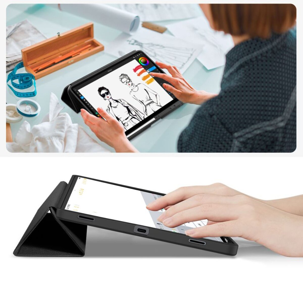Eine Person zeichnet mit einem Stift auf einem Tablet, Modeentwürfe liegen daneben.