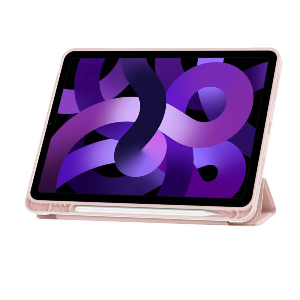 Ein rosafarbenes Tablet mit Stift in einer rosafarbenen Hülle, das einen lila Hintergrund anzeigt.