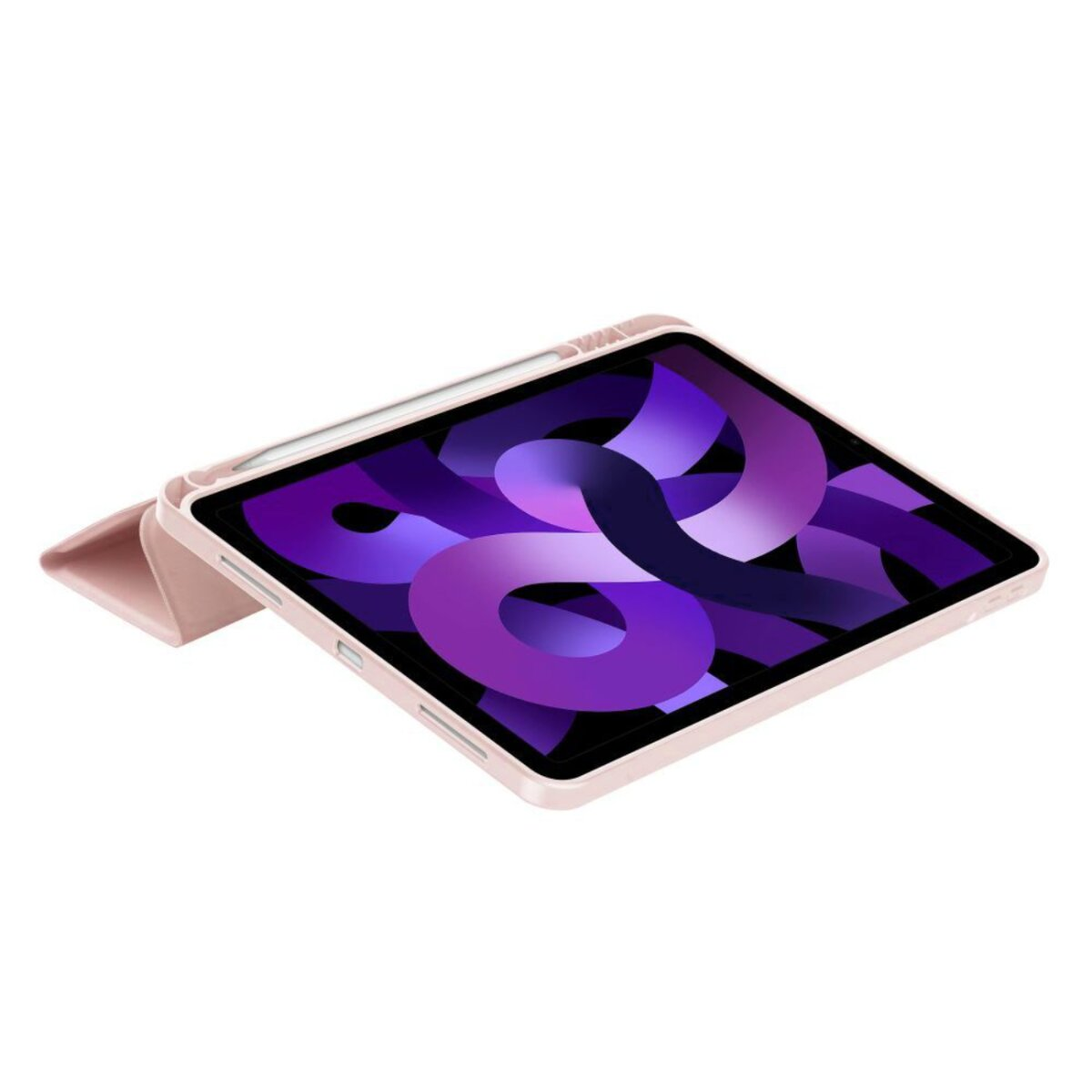 Ein rosafarbenes Tablet mit Stifthalter, das auf einer Seite aufgeschlagen ist.
