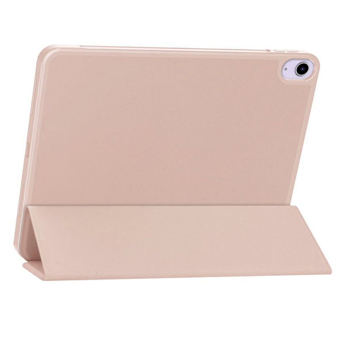 Ein rosafarbenes Tablet mit Hülle, aufgestellt auf weißem Hintergrund.