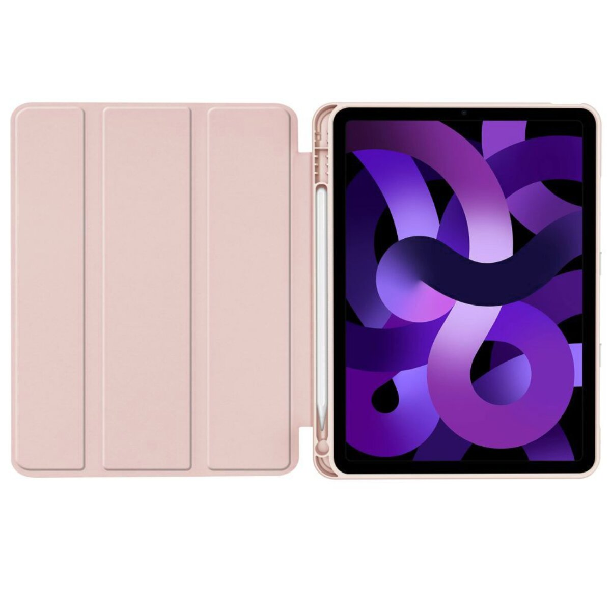 Ein rosafarbenes Tablet mit einem Stift, das auf der linken Seite eine aufgeschlagene Hülle hat.