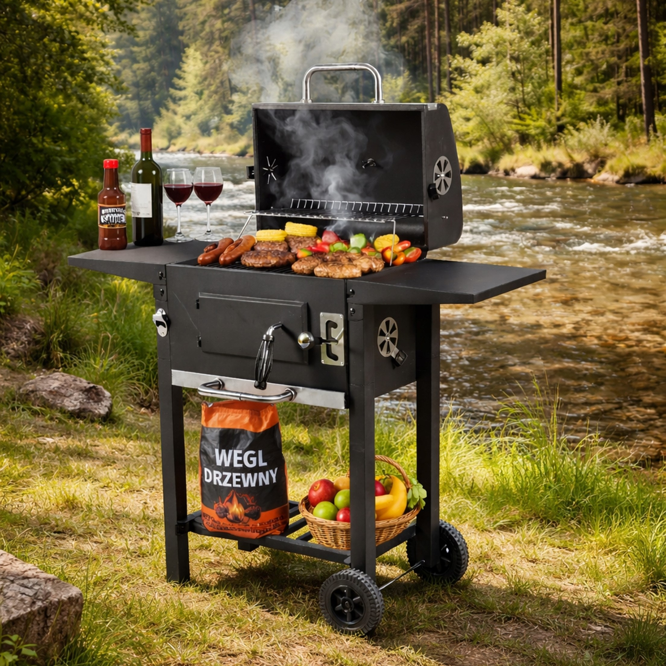 Grill z jedzeniem i napojami nad rzeką w lesie.