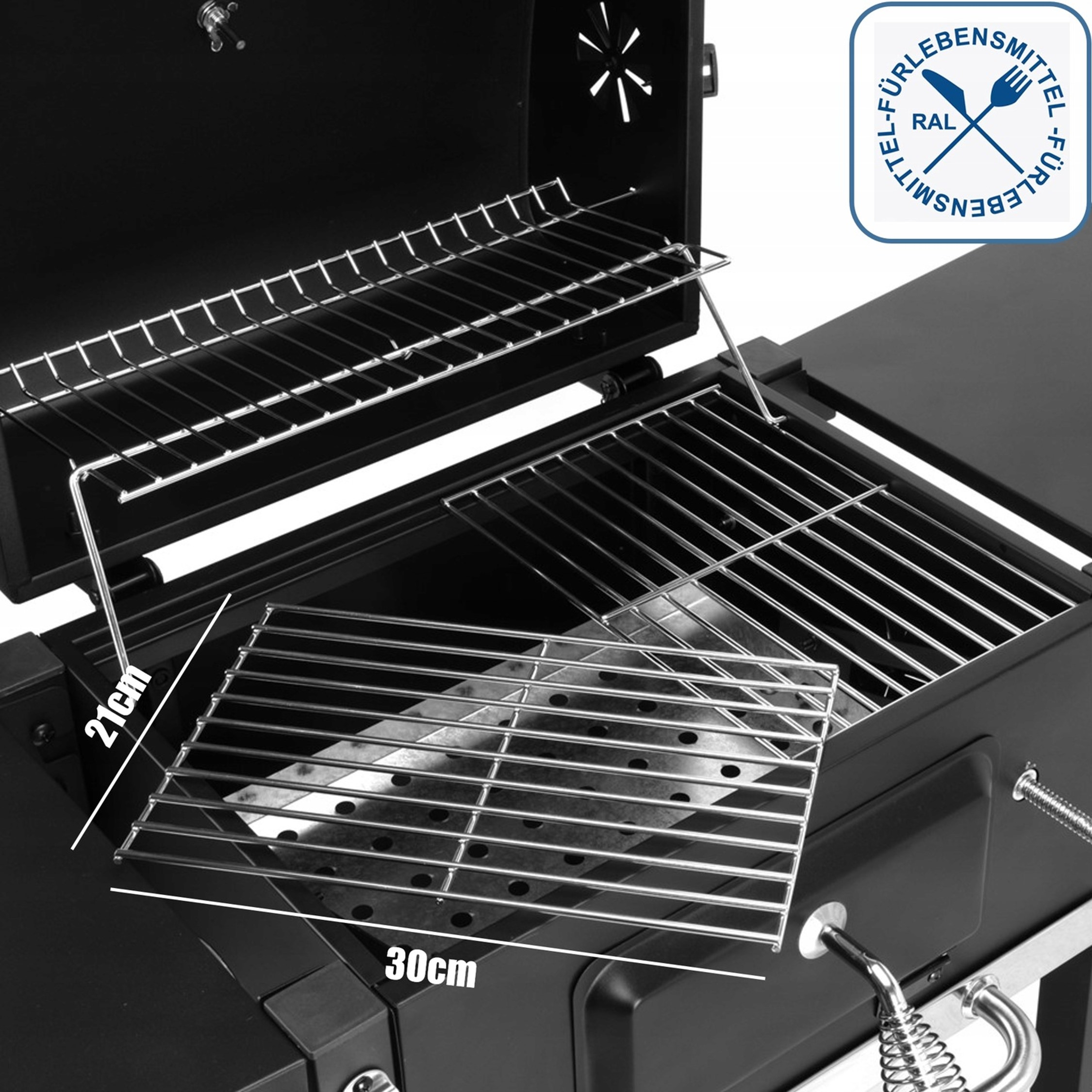 Otwarty czarny grill z wieloma rusztami i wymiarami.