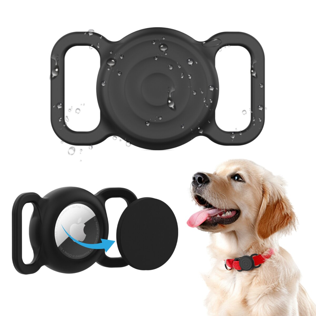 Schwarzer AirTag-Halter für Hunde; ein Hund mit rotem Halsband.