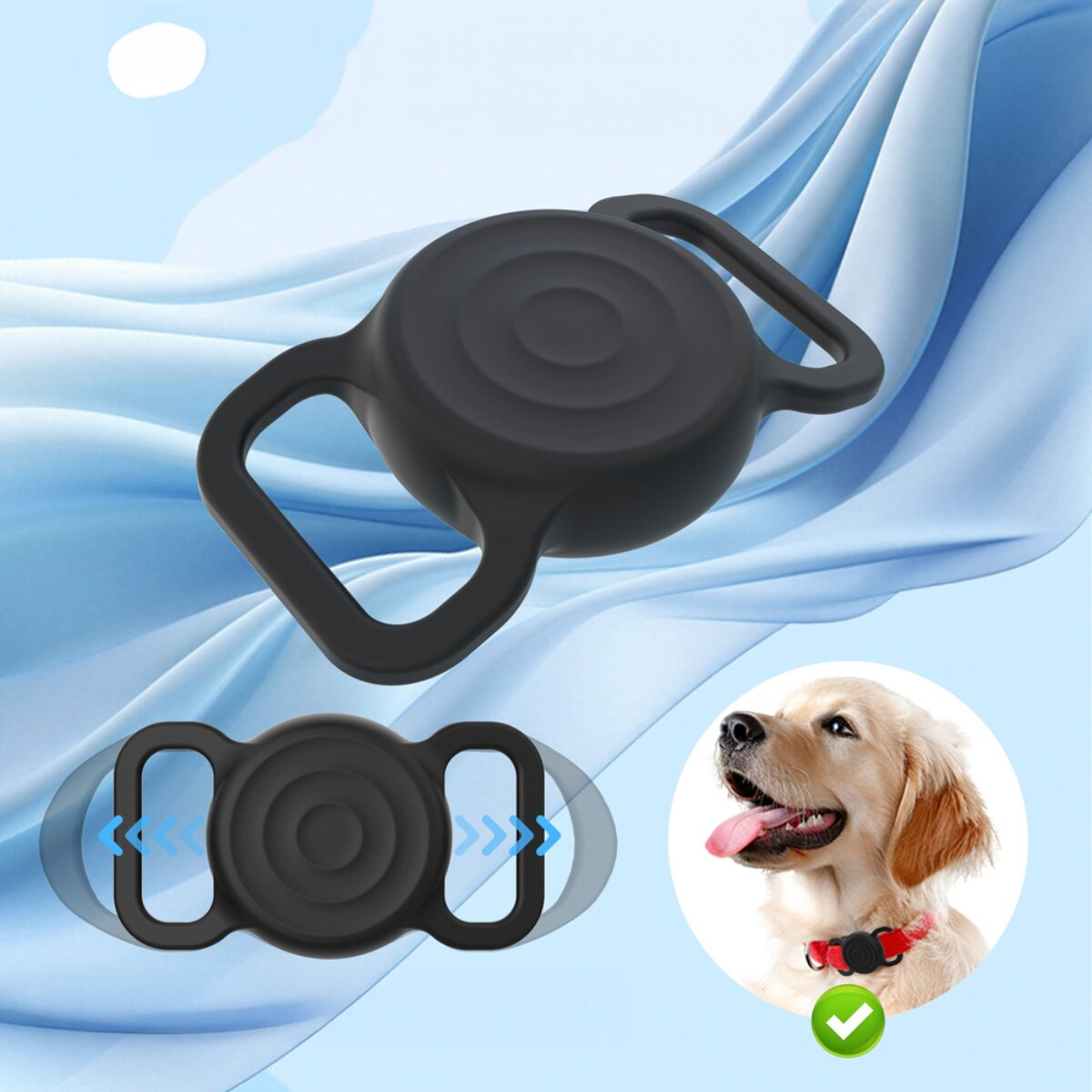 Schwarzer Hundeanhänger mit Riemen, daneben ein Golden Retriever mit rotem Halsband.