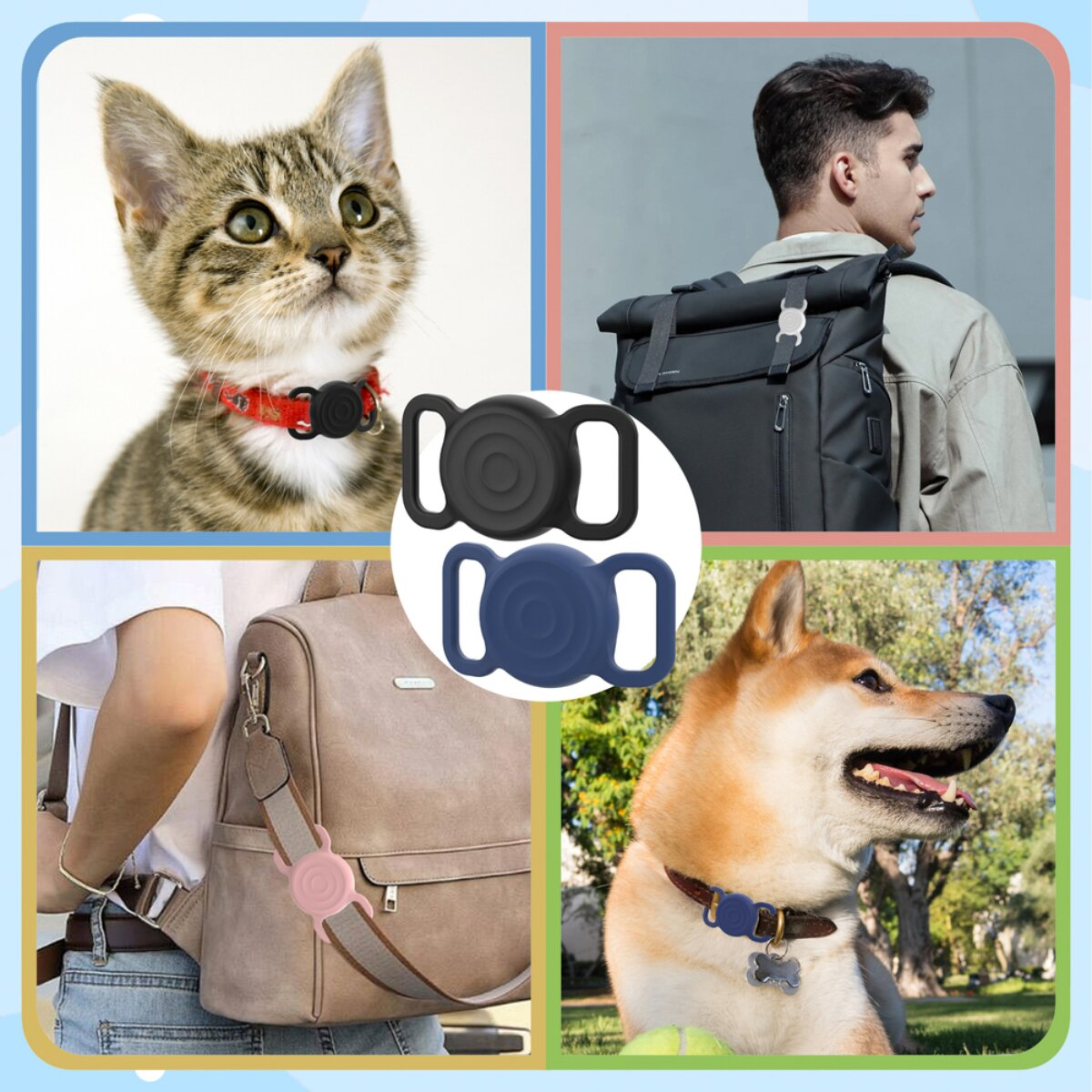 Katze mit rotem Halsband, Mann mit Rucksack, Hülle für Haustieranhänger, Shiba Inu.