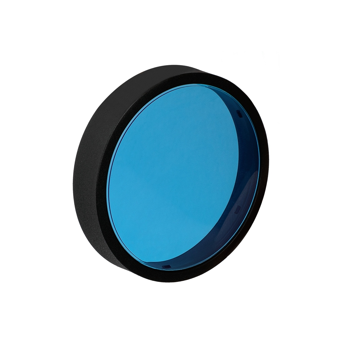 Ein schwarzer Rahmen umgibt eine kreisförmige blaue Glasfläche.