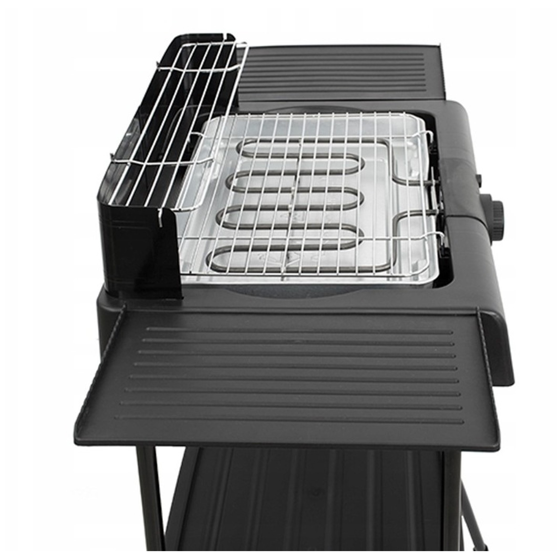 Czarny grill elektryczny z chromowanym rusztem i elementami grzewczymi.
