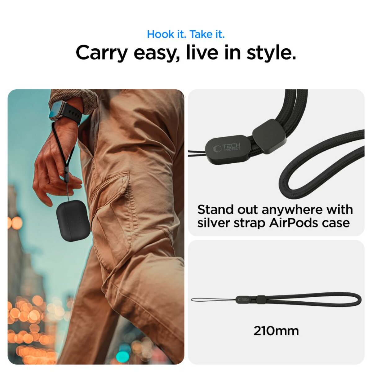Person mit schwarzem AirPods-Etui und Lanyard, das sich an der Hand befindet.