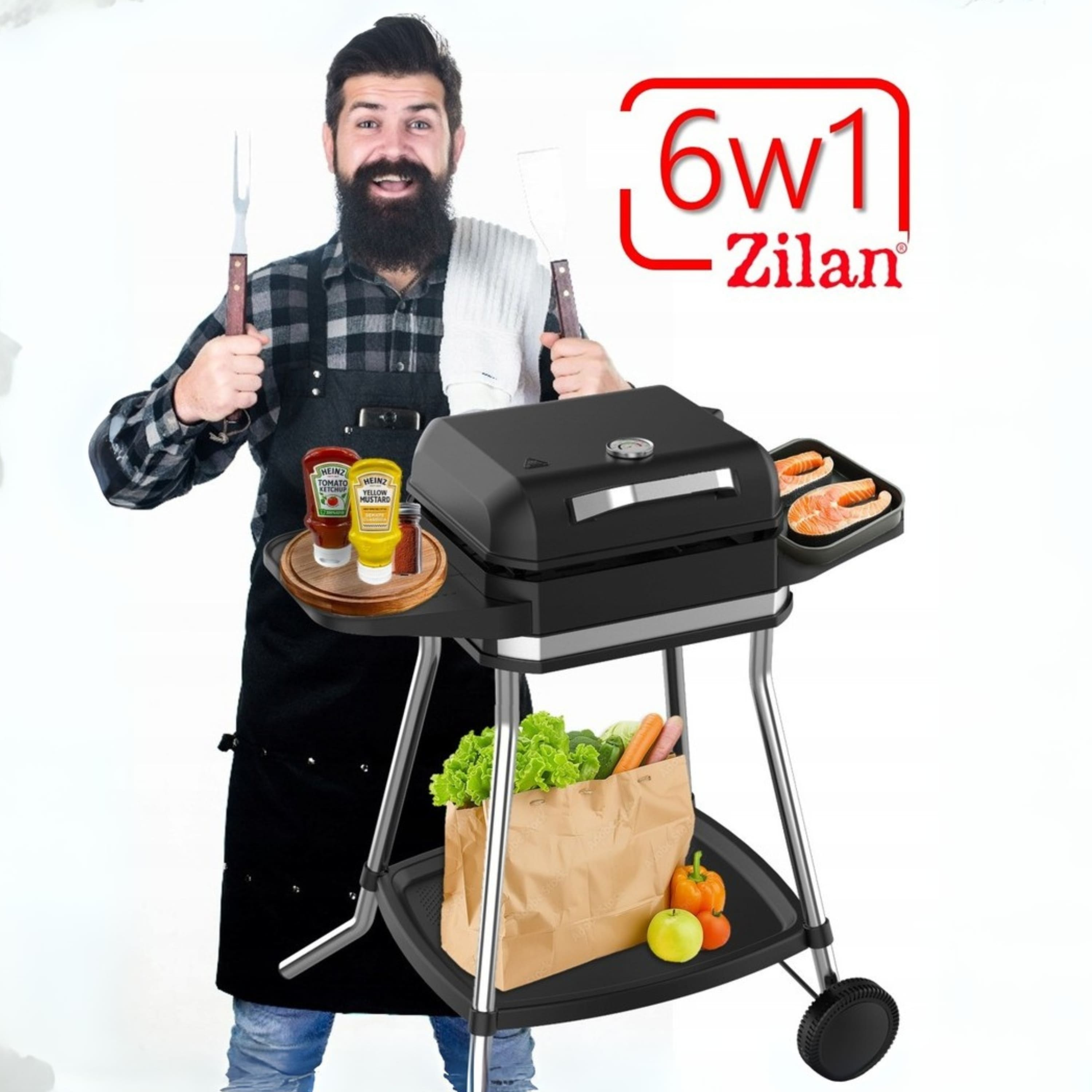 Mężczyzna z szczypcami i łopatką do grilla obok grilla z jedzeniem.