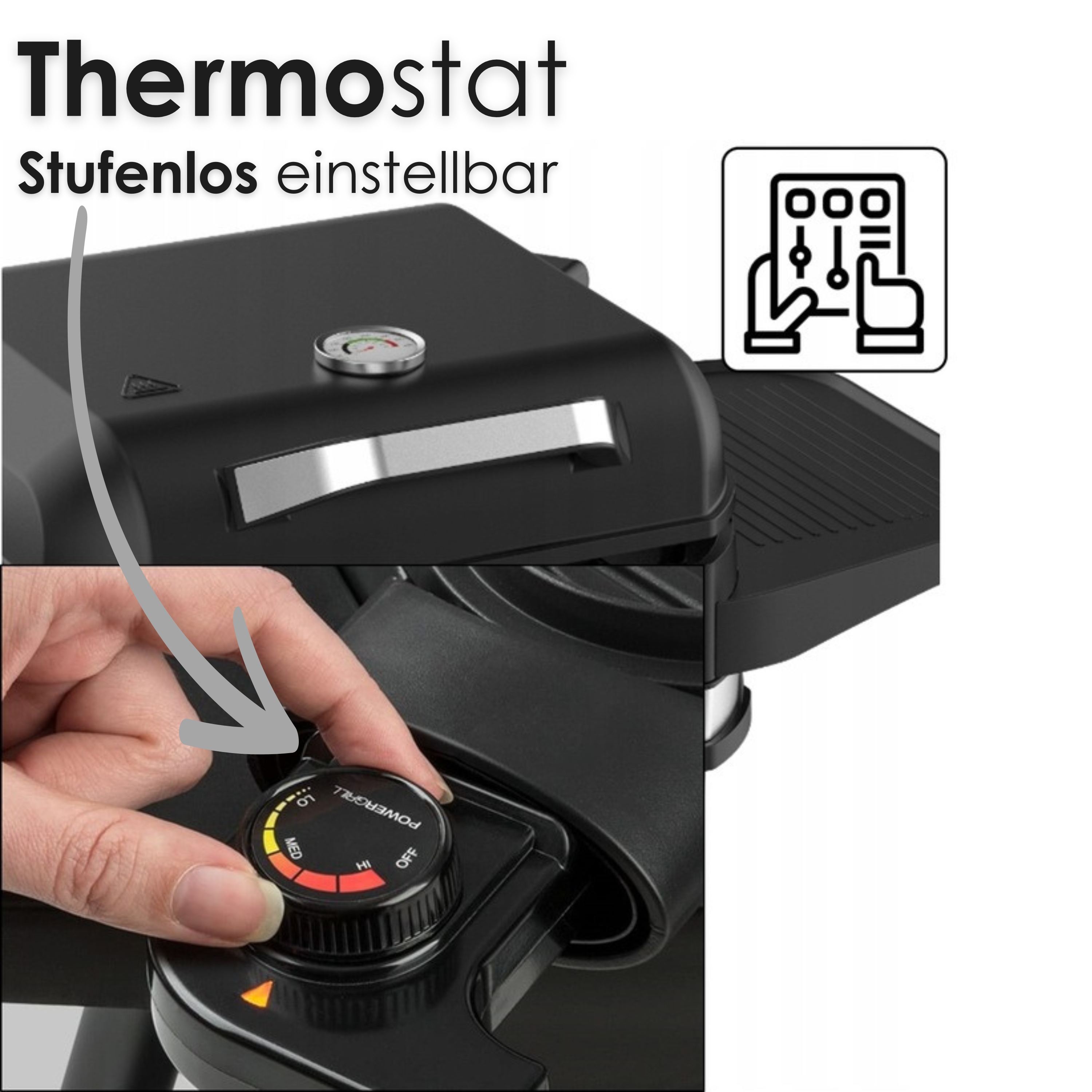 Czarny termostat z pokrętłem i strzałką wskazującą na "MED".